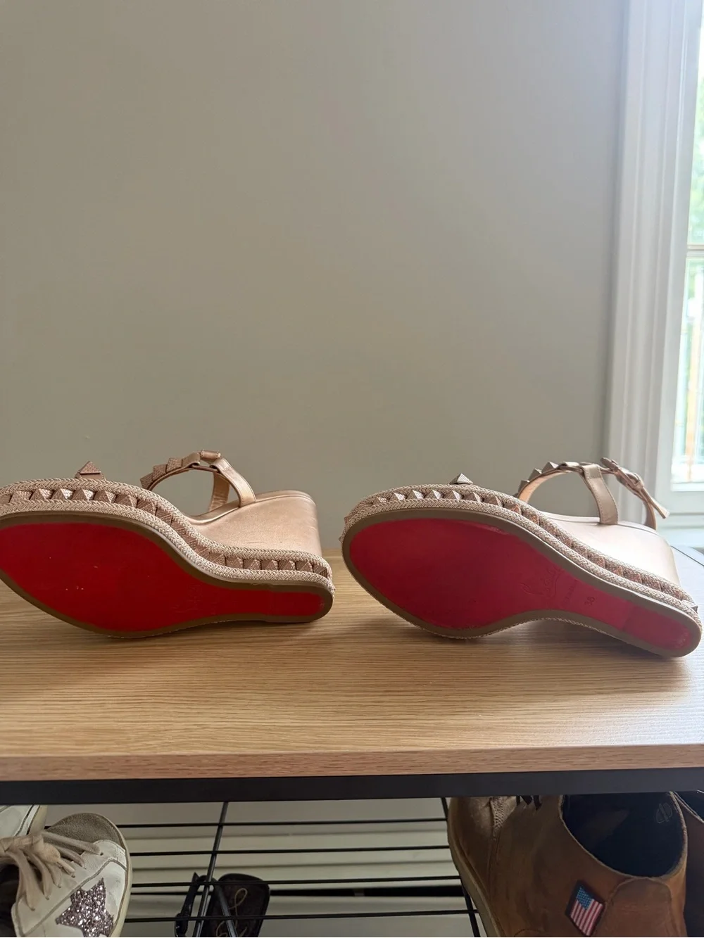 Christian Louboutin Rose Gold Studded Espadrille Wedges